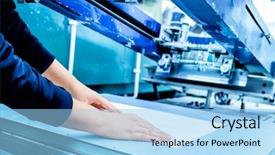  Presentation with industrial machine - Presentation design consisting of screen printing - worker preparing print screening metal background and a light blue colored foreground