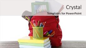  Presentation with dark vintage wood table texture - Presentation theme with scribbler - backpack with school supplies background and a light gray colored foreground