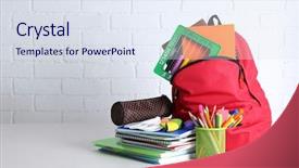  Presentation with backpack - Amazing PPT layouts having scribbler - backpack with school supplies backdrop and a  colored foreground
