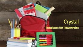  Presentation with backpack - Amazing PPT theme having scribbler - backpack with school supplies backdrop and a wine colored foreground