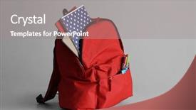  Presentation with dark vintage wood table texture - Audience pleasing PPT layouts consisting of scribbler - backpack with school supplies backdrop and a gray colored foreground