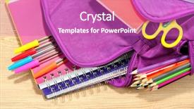  Presentation with backpack - Colorful PPT theme enhanced with scribbler - purple backpack with school supplies backdrop and a purple colored foreground