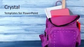  Presentation with backpack - Beautiful presentation design featuring scribbler - school backpack on wooden background backdrop and a light blue colored foreground