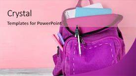  Presentation with backpack - Slide deck having scribbler - school backpack on wooden background background and a lemonade colored foreground