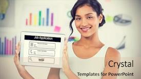  Presentation with application - Beautiful slide deck featuring script paper - happy businesswoman showing digital tablet backdrop and a lemonade colored foreground