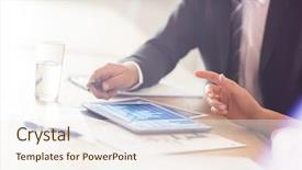  Presentation with blue business - Slides with scroll chart - blue data against business people background and a sky blue colored foreground