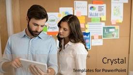  Presentation with digital - Audience pleasing PPT theme consisting of scroll chart - business colleagues working on digital backdrop and a coral colored foreground