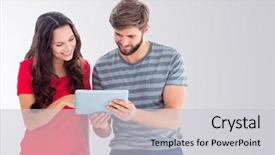  Presentation with baking light waem and a soft gre - Theme enhanced with scroll chart - happy couple using tablet background and a  colored foreground