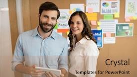  Presentation with working - Colorful presentation design enhanced with scroll chart - portrait of smiling business colleagues backdrop and a coral colored foreground