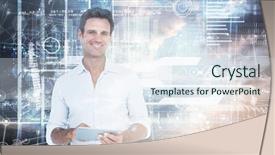  Presentation with using digital tablet - Amazing slides having scroll chart - portrait of smiling man using backdrop and a sky blue colored foreground