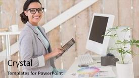  Presentation with home office - Slides featuring scroll chart - stylish brunette working from home background and a soft green colored foreground