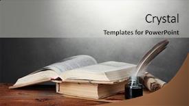  Presentation with feather pen - Amazing PPT theme having scrolls feather pen and inkwell backdrop and a light gray colored foreground