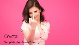  Presentation with finger - Presentation theme consisting of scrooge - beautiful woman showing middle finger background and a coral colored foreground