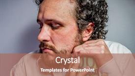  Presentation with old wite man and his music - PPT theme having scrooge - saver man with intense expression background and a coral colored foreground