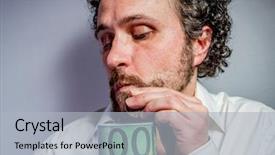  Presentation with old wite man and his music - Audience pleasing slide set consisting of scrooge - saver man with intense expression backdrop and a light gray colored foreground