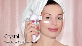  Presentation with beauty - Beautiful presentation theme featuring scrub brush - beautiful woman cleaning face beauty backdrop and a  colored foreground
