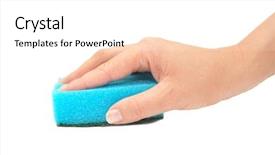  Presentation with kitchen - Colorful theme enhanced with scrub brush - hand and kitchen sponge isolated backdrop and a  colored foreground