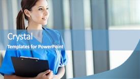  Presentation with intern - Slides featuring scrub nurse - beautiful young female medical intern background and a teal colored foreground