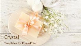  Presentation with lilac flowers bunch over wood - Cool new theme with scrub rub - soap with ribbon backdrop and a lemonade colored foreground