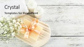  Presentation with lilac flowers bunch over wood - Colorful presentation design enhanced with scrub rub - soap with ribbon backdrop and a sky blue colored foreground