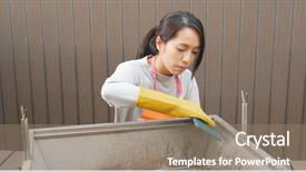  Presentation with pregnant woman cleaning - Slides consisting of scrub rub - woman cleaning barbecue oven background and a coral colored foreground