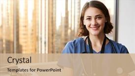  Presentation with scrubs - PPT theme consisting of scrubs with stethoscope in hospital background and a soft green colored foreground