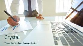  Presentation with business report - Audience pleasing slide deck consisting of scrutinizing business plan or report backdrop and a sky blue colored foreground