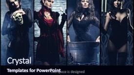  Presentation with halloween - PPT theme featuring sculling - set of different women background and a navy blue colored foreground