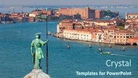  Presentation with canal - Beautiful slide deck featuring sculpture on top of the church dome overlooking on grand canal and typical buildings in venice italy backdrop and a ocean colored foreground