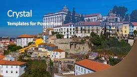  Presentation with architecture old - Slide set with se - porto old town in portugal background and a teal colored foreground