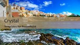  Presentation with greek islands - Slide deck consisting of mediterranean sea - beautiful greek islands series background and a coral colored foreground