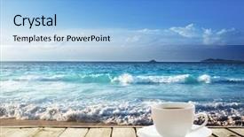  Presentation with pen laptop coffee cup clips - PPT layouts having sea and cup of coffee background and a  colored foreground