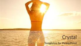  Presentation with woman in sea - Cool new PPT layouts with sea and sky on sunset backdrop and a yellow colored foreground