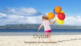  Presentation with girl running on the beach clouds - Slides having sea background with colorful balloons background and a  colored foreground