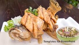  Presentation with mango - PPT theme consisting of sea bass fried with fish sauce with spicy mango sauce background and a coral colored foreground