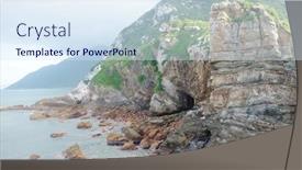 Presentation with beach rocks - Slide deck with sea-cave-and-rocks background and a sky blue colored foreground