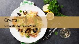  Presentation with white wine and red - Colorful slides enhanced with sea clams - pasta with seafood and white backdrop and a yellow colored foreground