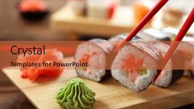  Presentation with sushi - Audience pleasing theme consisting of sea cucumber - delicious sushi set on wooden backdrop and a red colored foreground