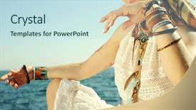  Presentation with female - Cool new slide deck with sea fashion portrait white lace backdrop and a sky blue colored foreground