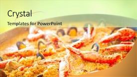  Presentation with seafood paella - Presentation theme consisting of sea fire - paella traditional spanish food seafood background and a soft green colored foreground