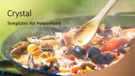  Presentation with seafood paella - Presentation consisting of sea fire - paella traditional spanish food seafood background and a yellow colored foreground