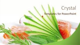  Presentation with salmon fish - Audience pleasing theme consisting of sea fish product smoked salmon bar on plate with tomatoes and pesto sauce isolated over white background backdrop and a cream colored foreground