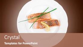  Presentation with salmon dish - Audience pleasing theme consisting of sea food roasted pink salmon fillet with chinese onion and lemon on white dish isolated over white background backdrop and a coral colored foreground