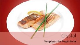  Presentation with salmon dish - Slide set consisting of sea food roasted pink salmon fillet with chinese onion and lemon on white dish isolated over white background background and a coral colored foreground