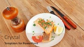  Presentation with chinese food - Theme having sea food roasted pink salmon fillet with chinese onion cherry tomatoes pieces pepper grinder rosemary twigs and lemon on wooden board background and a coral colored foreground
