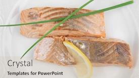  Presentation with chinese food - Theme consisting of sea food roasted pink salmon fillet with chinese onion and lemon on white dish isolated over white background background and a coral colored foreground