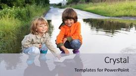  Presentation with preschool blocks kids play - Cool new presentation theme with sea games symbol - three boy play in puddle backdrop and a  colored foreground