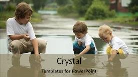  Presentation with play - Slide deck featuring sea games symbol - three boy play in puddle background and a coral colored foreground