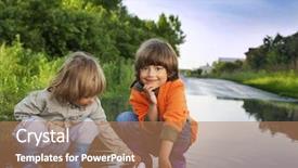  Presentation with play - PPT theme featuring sea games symbol - three boy play in puddle background and a coral colored foreground