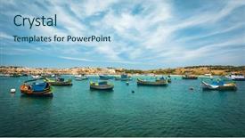  Presentation with sea fishing - Amazing presentation design having sea port - fishing boat near fishing village backdrop and a light blue colored foreground